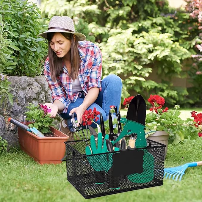 Garden Tool Basket Metal Mesh Gardening Kit Organizer Garden Hand Tools Arrange and Display Storage - Gardening Gifts for Women Men 10" L x 7" W x 4.75" H for Pruning Shears, Cultivator, Gloves