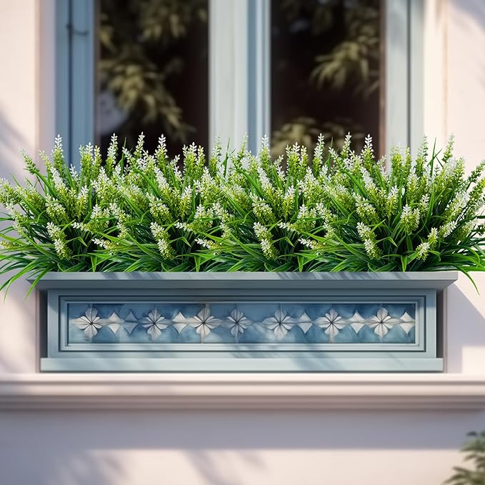 Artificial Flowers for Outdoor Plants 24 Bundles Fake Lavender Plastic Faux Monkey Grass for Verandah Window Garden Office Patio Front Porch UV Resistant for Planter(White)