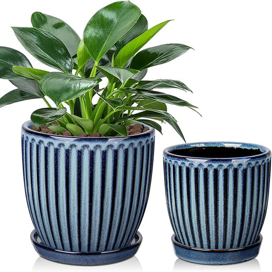 Oairse Ceramic Pots for Indoor Plants, 4.9 +5.7 inch Pots for Plants Set of 2 Blue Plant Pots with Drainage Holes and Saucers Texture Ceramic Planters Indoor Outdoor Flower Pots for Succulent
