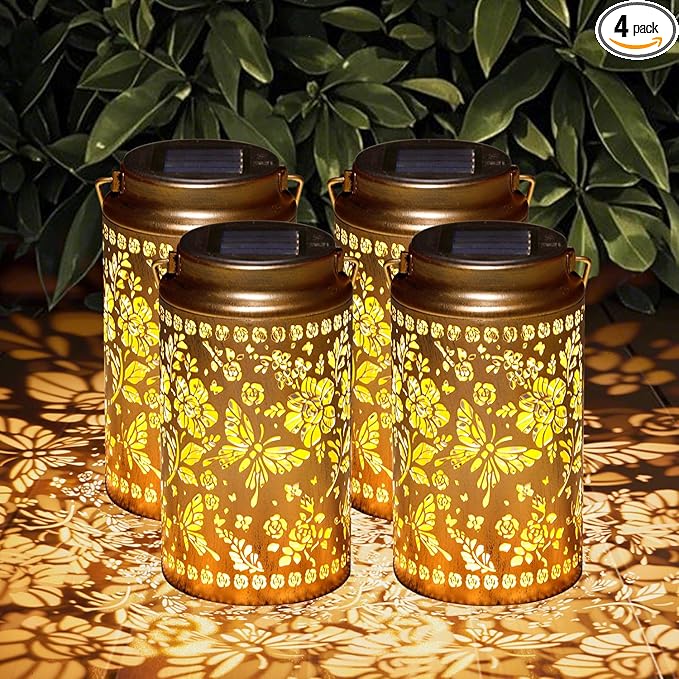 4 Pack Butterfly Solar Lanterns Outdoor Waterproof, Metal Hanging Lights Decorations for Garden Yard Lawn Patio, Butterfly Gifts for Women Mom Grandma Gardener Mother in Law Christmas