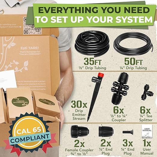 CARPATHEN Drip Irrigation System - Adjustable Quick Connect Irrigation System for Gardens up to 130ft, Raised Beds - Complete Garden Watering System - 1/4 Emitters, 1/2" and 1/4" Tubing and Connectors