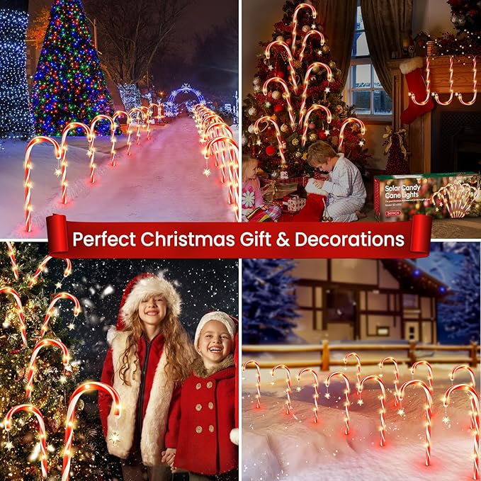 WdtPro Outdoor Christmas Decoration, 24 Pack 56FT Solar Powered 144 LED Bright Christmas Candy Cane Pathway Lights with Stakes, 10 Modes Waterproof Christmas Lights Outside Decorations for Yard Garden