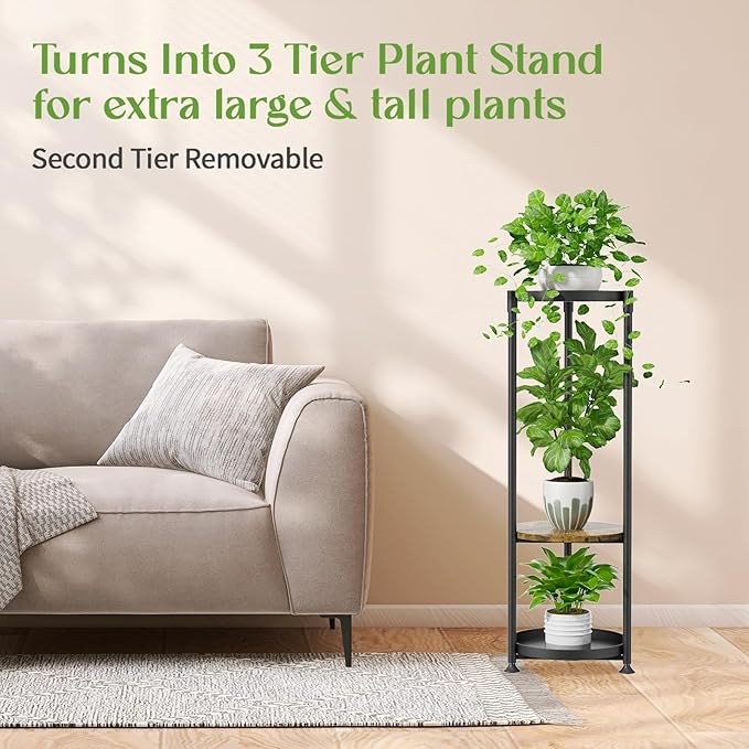 iDavosic.ly 4 Tier Corner Plant Stand Indoor, 45 Inch Tall Vertical Metal Flower Heavy Duty Pot Holder Shelf Outdoor for Patio Porch Living Room, Modern Black & Rustic Brown - Round