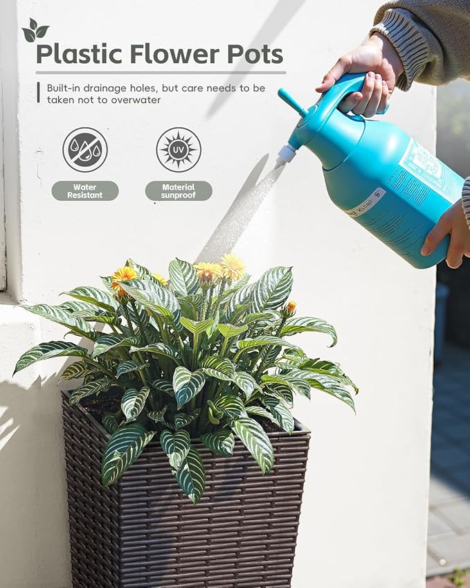 Greesum Large Tall Planter for Outdoors Plants, Set of 2, 24" Tall Plastic Flower Pots, Tapered Porch Planter with Drainage Holes for Patio, Backyard, Brown