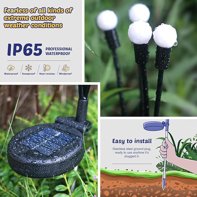 Solar Firefly Lights 2 Pack 16 LED Lights 2 Lighting Modes for Garden,Patio and Yard Solar-Powered LED Lights (Warm White, 2)