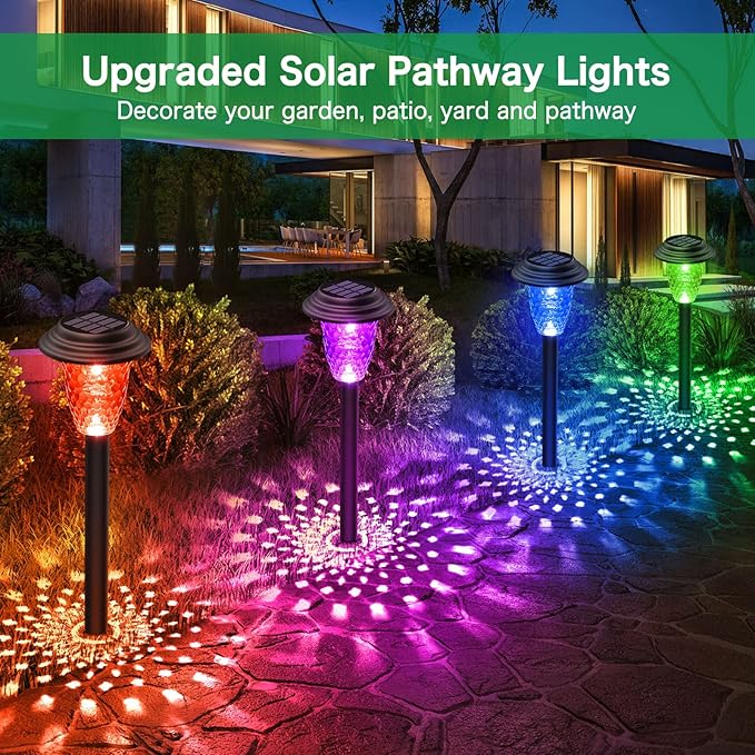 Solar Pathway Lights, 8 Pack Bright Color Changing/Warm White Solar Lights Outdoor Waterproof Solar Garden Lights, Outdoor Lights Solar Powered Landscape Path Lights for Yard, Walkway, Lawn