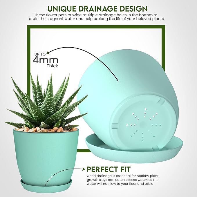 Utopia Home - Plant Pots Indoor with Drainage - 7/6.6/6/5.3/4.8 Inches Home Decor Flower Pots for Indoor Planter - Pack of 5 Plastic Planters for Indoor Plants, Cactus, Succulents Pot - Aqua