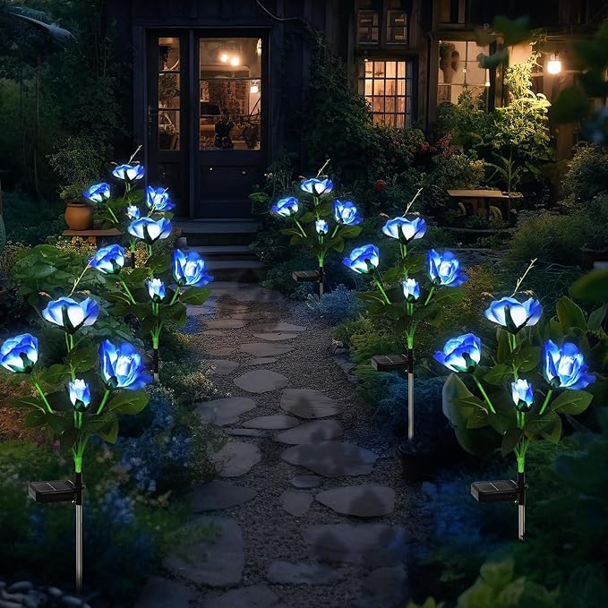 Solar Garden Lights Outdoor, 6 Pack Solar Flower Lights Outdoor Waterproof with 24 Rose, 2 Modes Realistic Rose Flower for Yard, Pathway, Garden Decor & Gardening Gift