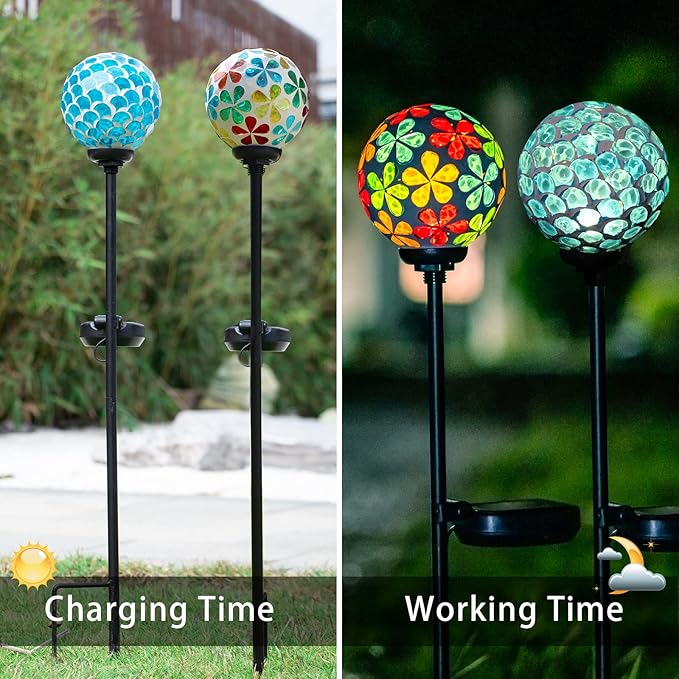 VCUTEKA Solar Garden Lights, Mosaic Solar Light Outdoor Waterproof LED Pathway Stake Light for Landscape Patio Yard Deck Walkway Decoration, 2 Pack