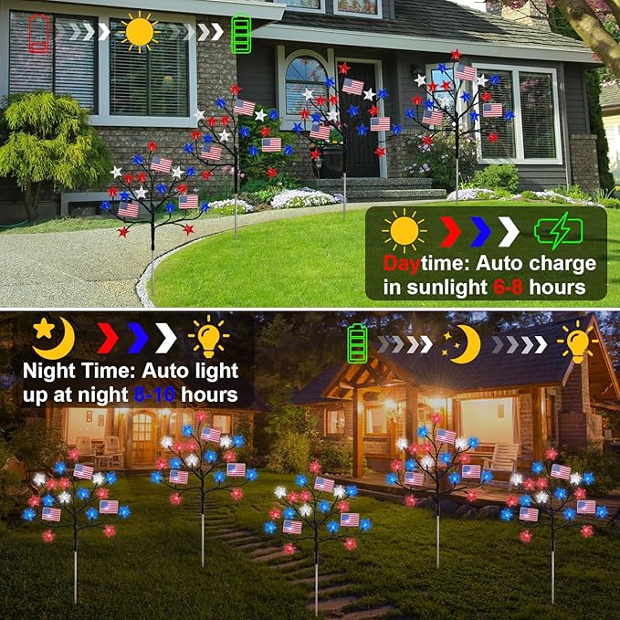 HUGSVIK 4 Packs 80LED 4th of July Decorations Outdoor, Upgraded Red White and Blue Solar Lights with Stars & American Flags, Outdoor Memorial Day Decorations Patriotic Lights for Yard Pathway Garden