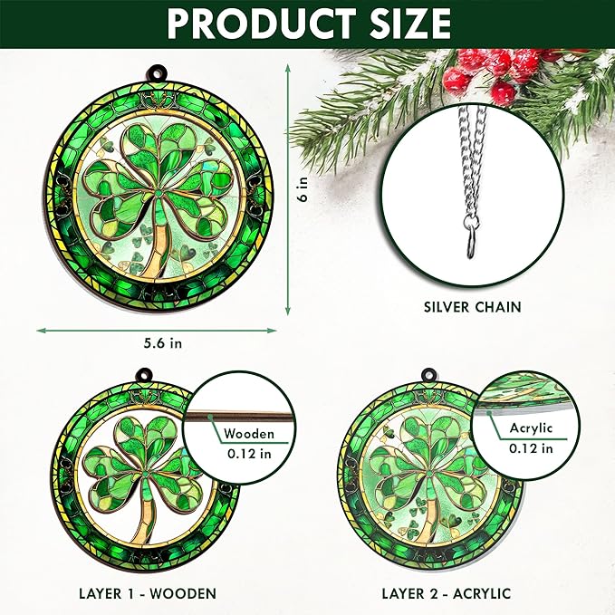 St Patricks Day Decorations - Irish Gifts for Women Men Friends Family, Shamrock Decorations, St Patricks Day Accessories - Double Layered Hanging Suncatcher 6 in