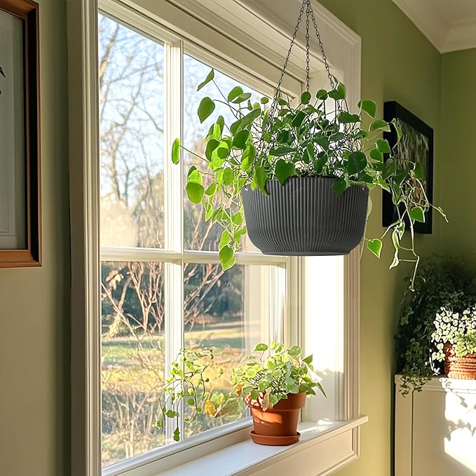 T4U 12 Inch Large Hanging Planters for Outdoor Plants, 2 Pack Self Watering Hanging Pots Indoor, Hanging Baskets for Plants,Hanging Flower Pot with Drainage Hole and Plant Hanger, Grey