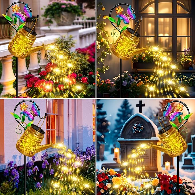 Solar Watering Can Lights Outdoor Garden Decor, Large Butterfly Hanging Lantern with Shepherd Hook, Waterproof Garden Lights for Outdoor Landscape Pathway Yard, Gift for Mom Grandma