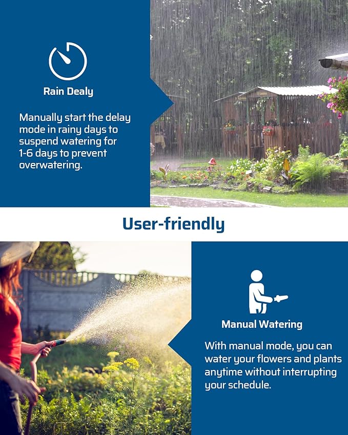 DEWENWILS Sprinkler Timer 4 Zone, Water Timer for Garden Hose with Rain Delay/Manual/AUTO Irrigation, Programmable Outdoor Faucet Hose Timer for Yard, Lawn
