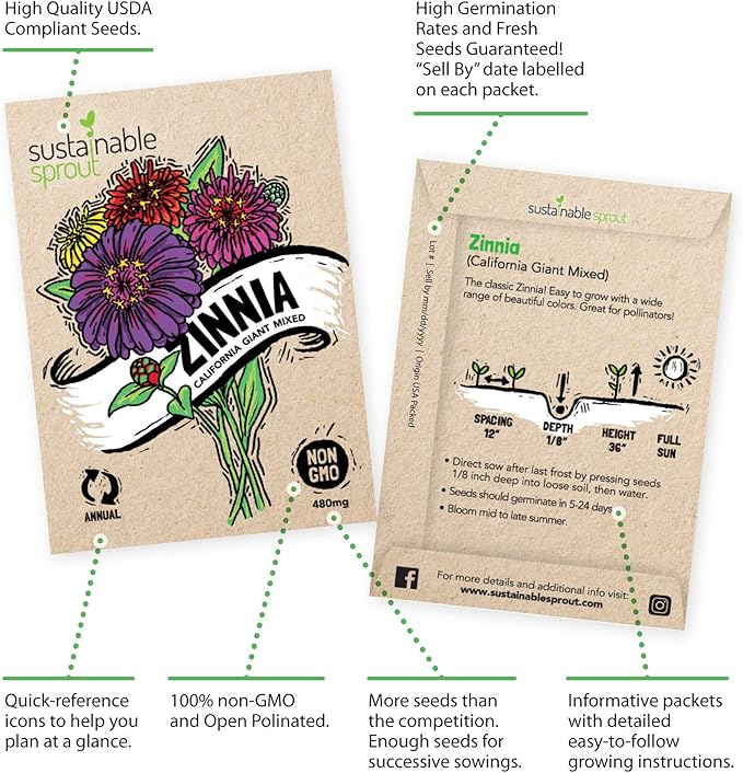 Seeds for Planting Flowers: 8 Bulk Variety Packets Zinnia, Nasturtium, Marigold, Purple Coneflower, Cosmos, Calendula, Bachelor's Button & Sunflower Seeds, Non GMO Flower Seeds by Sustainable Sprout