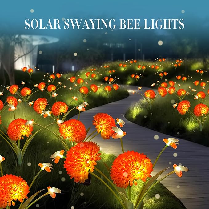 Solar Swaying Bee Lights with Flowers, Waterproof Firefly Lights for Outdoor Garden Patio Yard Pathway Decoration, Gifts for Women Mother's Day