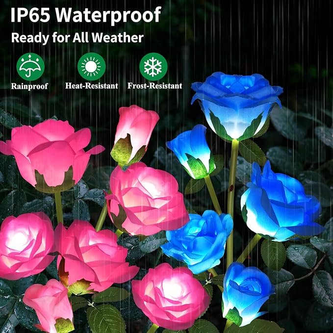 Solar Garden Lights, Solar Outdoor Lights with More Realistic 20 Rose Waterproof Solar Powered Flowers Lights for Outside Patio Yard Pathway Decorations, Blue and Pink