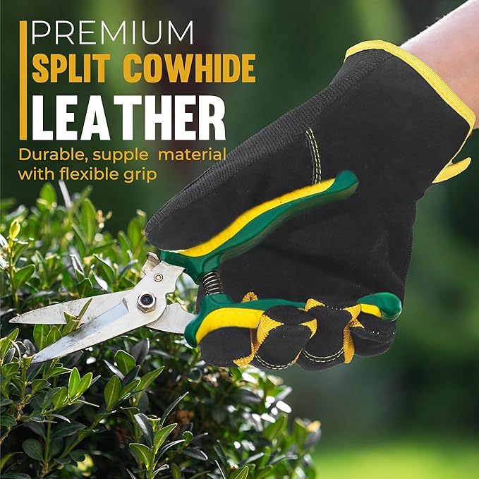 HANDLANDY Men Leather Gardening Gloves, Utility Work Gloves for Mechanics, Construction, Driver, Dexterity Breathable Design