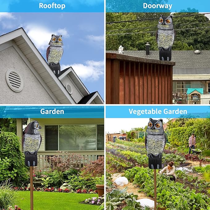 Owl Decoys to Scare Birds & Squirrels Away, 360 Rotating Head, Plastic Garden Owls for Indoor/Outdoor Use