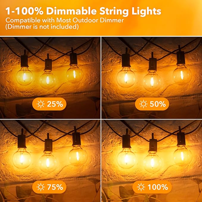 Brightown Led String Lights Outdoor 100Ft Waterproof G40 Patio Lights with 104(4 Spare) Led Shatterproof Bulbs, Led Globe Hanging Lights for Porch Bistro Balcony Backyard Decor, E12 Socket, 2200K