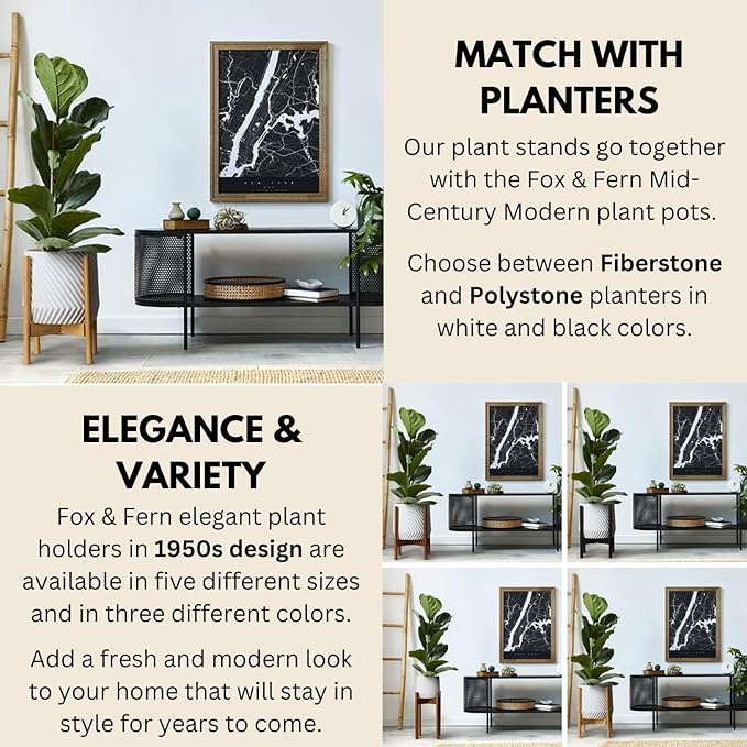 Fox & Fern Large Adjustable Plant Stand Indoor — 11 to 15 Inch Mid Century Bamboo Plant Stand; Plug In Design; Easy to Assemble; Two Height Options - For 11, 12, 13, 14 & 15 Inch Pots (Not Included)