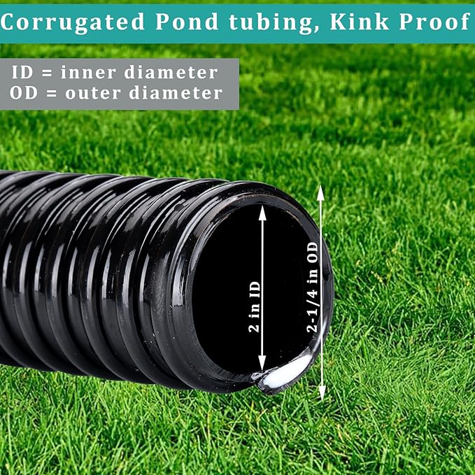 Pond Hose ID 2” × 25ft Black Corrugated Flexible Reinforced PVC Hose Vinyl Tubing for Pond Pump Fountain Garden Waterfall, Non-toxic & Kinkproof, with 2 clamps