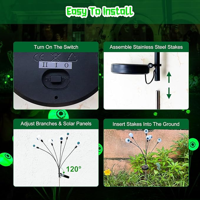 Halloween Decorations Outdoor, 3 Pack 18 LED Scary Solar Eyeball Lights, Green Solar Firefly Lights Outdoor Waterproof, Swaying Solar Halloween Lights for Yard/Garden/Pathway/Lawn/Party Decor