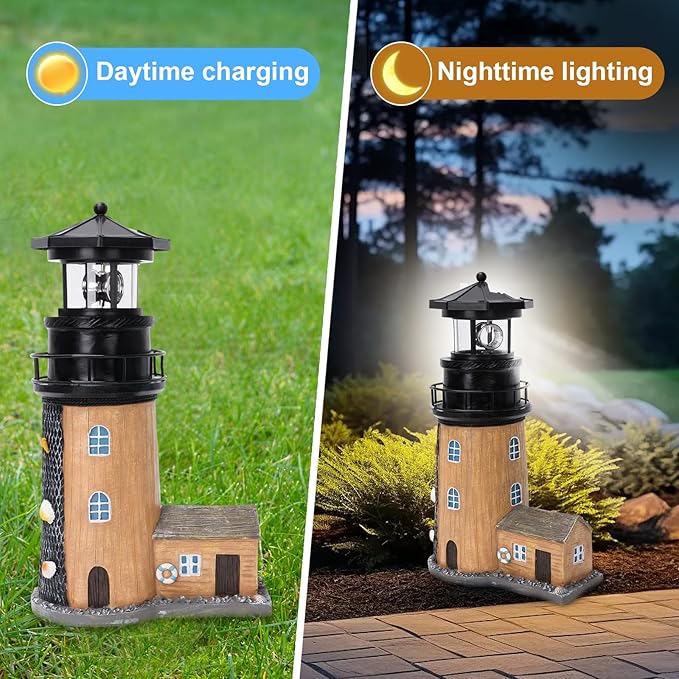 Solar Lighthouse with Rotating Beacon,11.1" Outdoor Garden Lighthouse Decor,Waterproof Statue Light House Lamp for Yard Lawn Patio Gifts