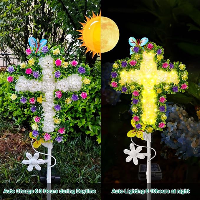 YJFWAL 1 Pack Solar Flowers Cross Garden Stake Lights, Yard Solar Lights Cemetery Decorations For Grave Outdoor Light Jesus Cross Sympathy Memorial Gift For Grandma, Garden Lawn Patio Pathway Deco