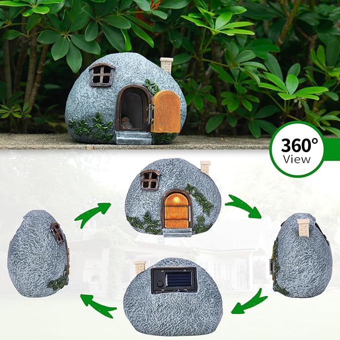 mopha Garden House Statues, Funny Gnomes Fairy Garden Lights Figurine,Mini Gnome Resin Solar Powered Outdoor Decor Patio Yard Lawn Ornament Decoration