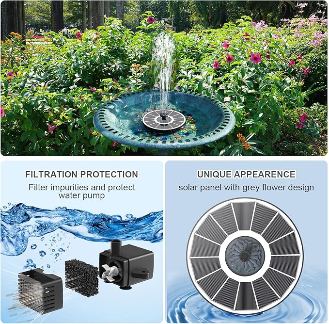 Solar Fountain Upgraded High Efficiency Glass Solar Panel, Solar Bird Bath Fountains with Flower No Battery,Solar Water Pump Fountain for Bird Bath Garden Small Ponds Outdoor Décor(White)