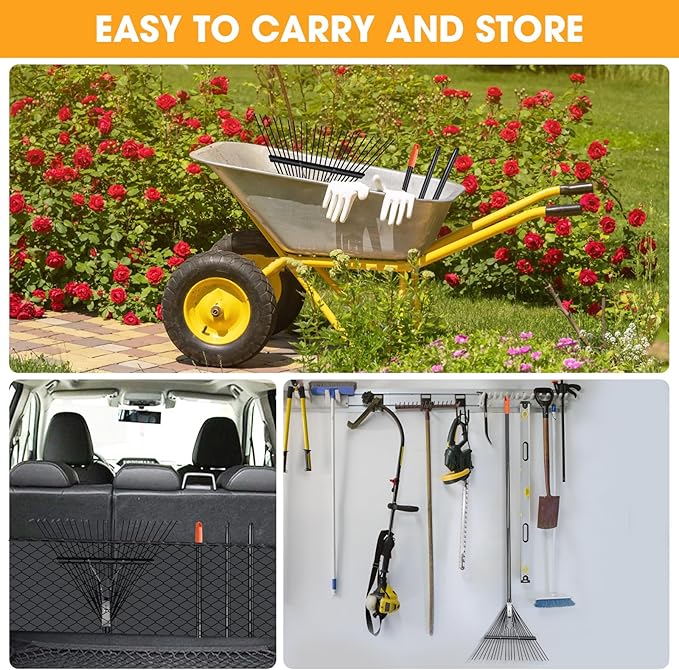 High-Carbon Steel Gardening Leaf Rake, Suitable for Raking Leaves and Lawn Tidying,Adjustable Split Long Handle33-67, 22tines 22.8" Wide,Garden rake and thatch rake Suitable for Adults