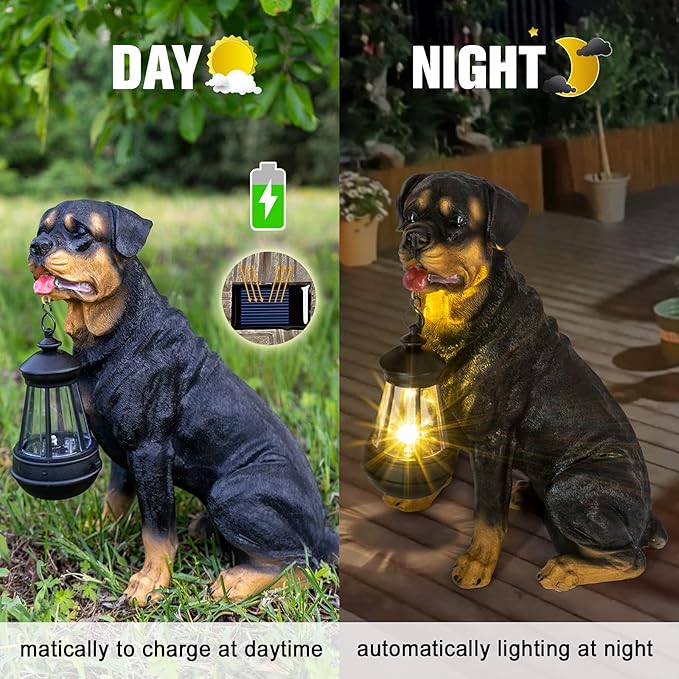 Notakia Resin Dog Rottweiler Statues and Sculptures with Solar Led Home Garden Decoration Windproof Lamp Outdoor Lighting Decor (Rottweiler &LED)