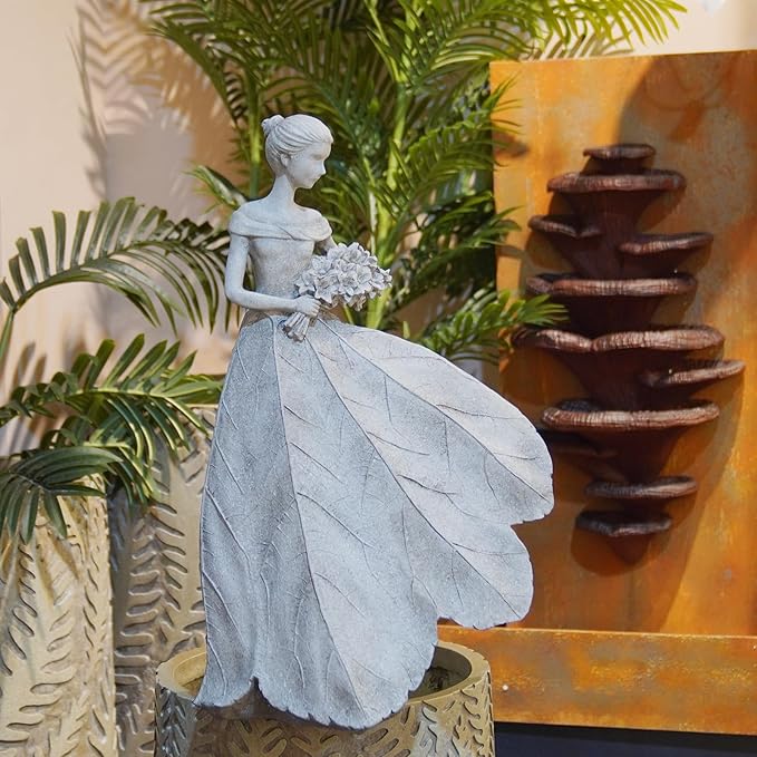 Guichifun Fairy Statue Collection Home Decoration - Grey Leaf Angel Girls Resin Home Decor for Outside or Inside Rustic Garden Outdoor Yard Decorations Figurines Gift 14.25 x 9 x 20.25 Inch