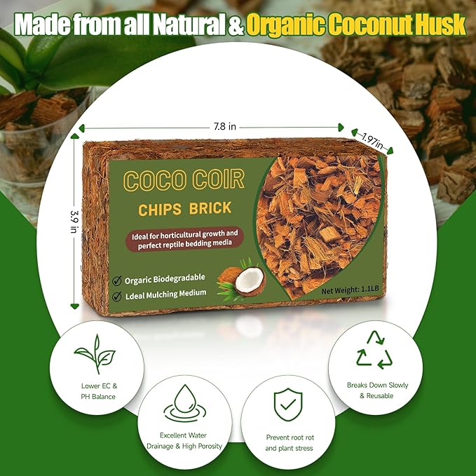Coco Chips Substrate 1.1 LB, Organic Coconut Husk Brick with Low EC and pH Balanced, Easy to Expand Coco Coir Mulch Medium for Garden Flowers & Reptile Bedding (1 Pcs)
