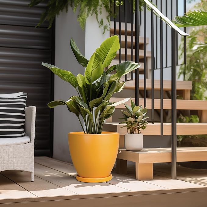 10 Inch Plant Pot - Ceramic Planter with Drainage Hole and Saucer, Modern Flower Pot, Round Planters for Indoor Plants, Home Patio Bathroom Porch Garden Living Room Decor, Orange