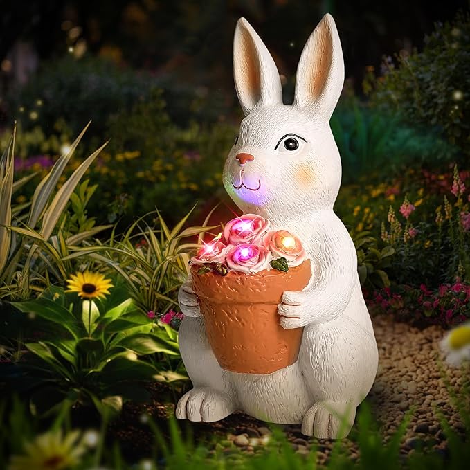 Brightever Solar Powered Outdoor Garden Statues- Rabbit with Flowers and 5 Colorful LED Lights, 11.8IN Outdoor Figurine Lights, Solar Garden Bunny Decor for Patio, Gifts for Women, Housewarming