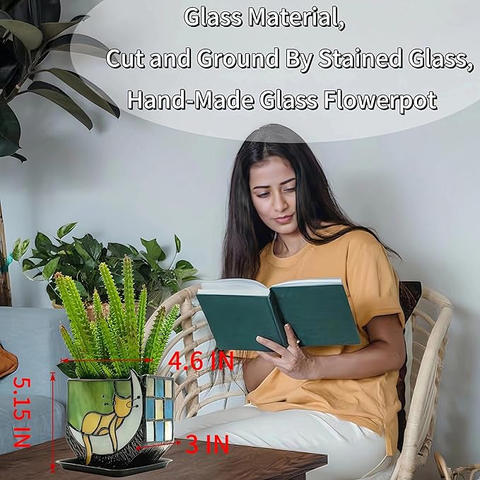 Tiffany Stained Glass Fun Moon Sleeping Cat Planter，Orange Sleeping Cat Cactus Planter，Cute Planters for Indoor Plants,Decorative Flower Pots As Gifts for Cat Lovers，4.6x3x5.15 in