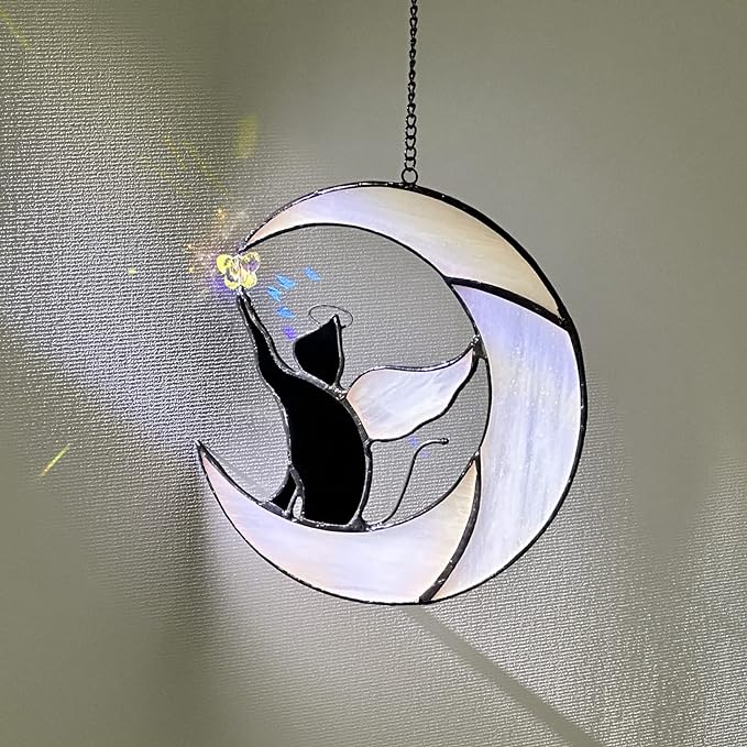 Stained Glass Suncatcher: Angel-Winged Cat Catching Butterfly on Moon - Memorial Gift for Cat Loss