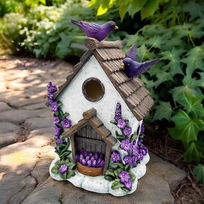 Spring & Summer-Themed Garden Statues – Adorable Outdoor Decor for Lawn, Patio & Porch (Lovely Floral Lavender Bird House Figurine, 7" Novelty Cottage Garden Decor)