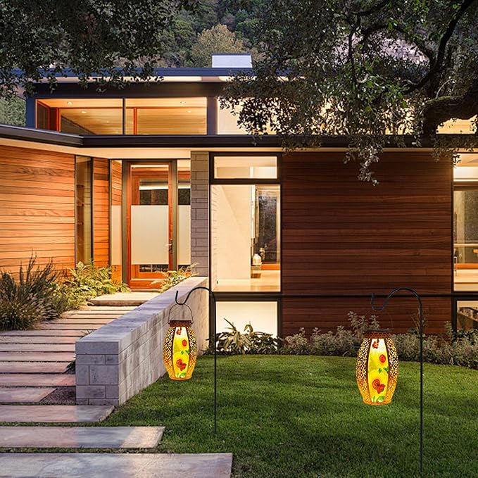 Sunflower Solar Lanterns Outdoor Waterproof,Hanging Solar Lantern with Ladybug,Outdoor Solar Lanterns with Hollowed-Out Design Metal &Glass Lantern,Solar Lights for Garden Patio Lawn Decor