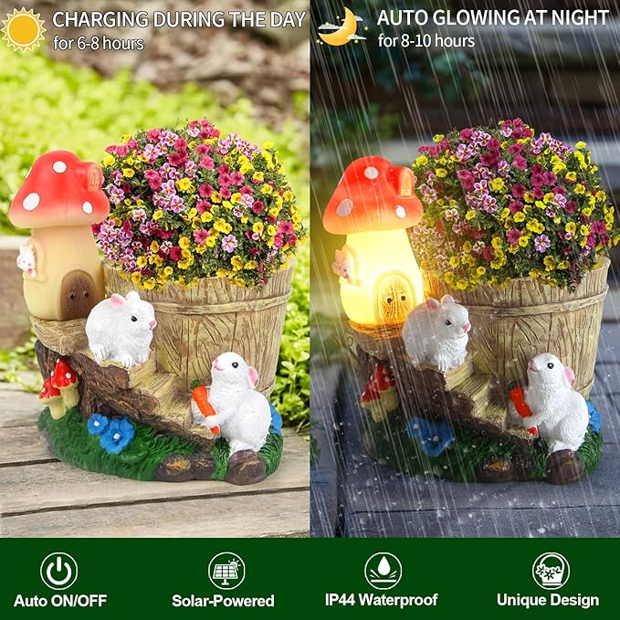 Garden Rabbit Statue,Resin Rabbit Figurine with Solar LED Light,Flower Pots Planters Pots for Succulent,Bunny Statue for Patio Balcony Yard Lawn Decor,Unique Gift for Dad Mom Grandma
