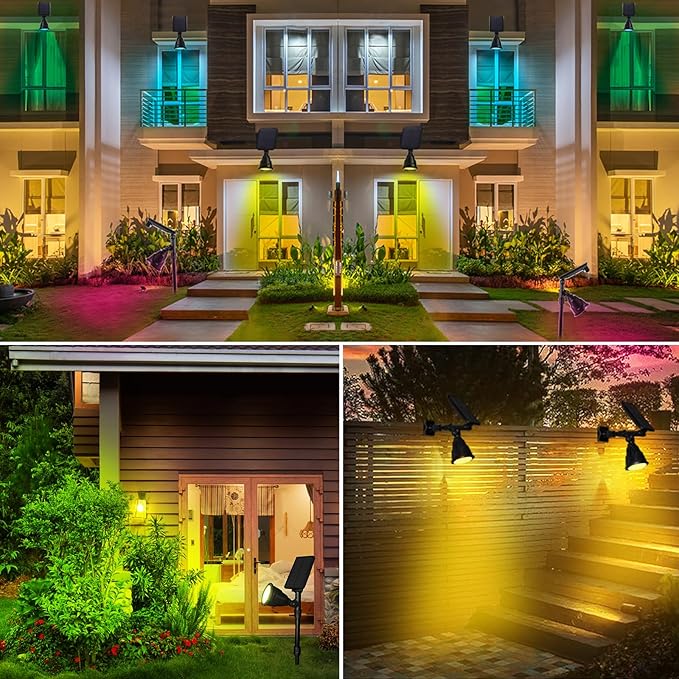 Solar Outdoor Spotlights - 18 LED, 600 Lumens, Waterproof, 7 Colors Adjustable for Year Round Patio, Garden, and Landscape Festive Lighting (1 Pack)