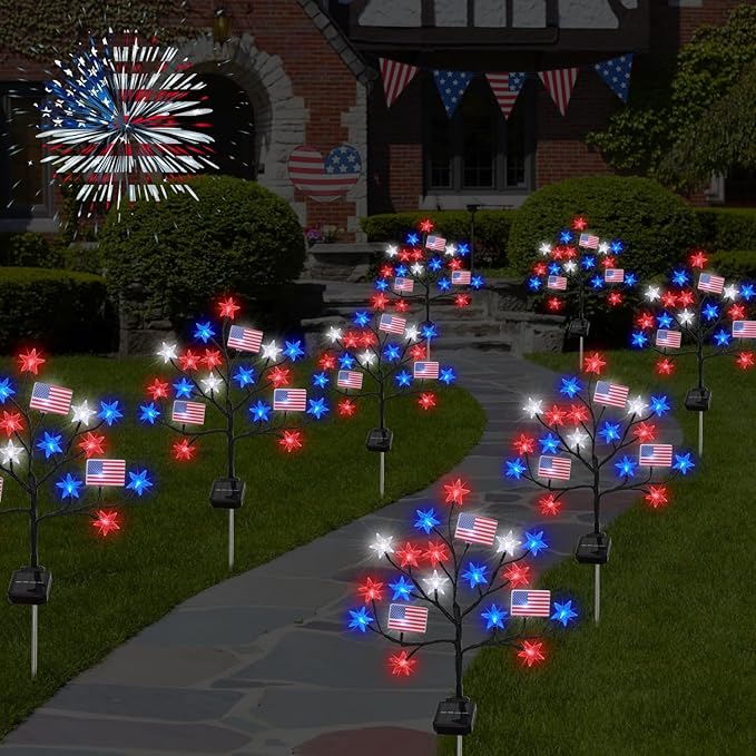Upgraded 4th of July Decorations Solar Lights, 2 Packs 40LED Red White and Blue 4th of July Stake Lights, Outdoor Waterproof Memorial Day Decorations Patriotic Lights for Garden Yard Pathway Grave