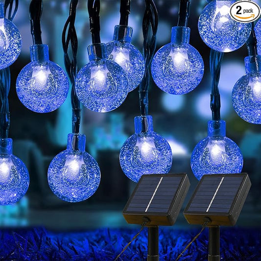 Solar Lights Outdoor Waterproof, 2 Pack Total 120LED 72FT Solar String Lights for Outside w/ 8 Modes, Outdoor String Lights Crystal Globe Patio Lights for Garden Yard Party Decor (Bule)