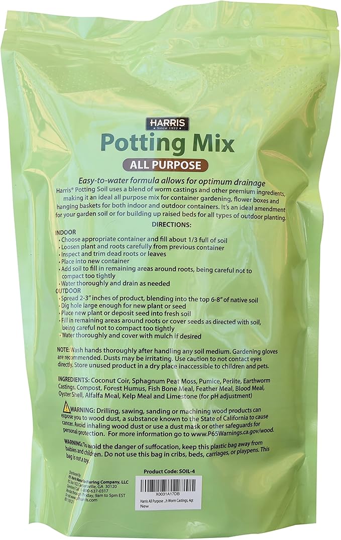 Harris All Purpose Premium Potting Soil Mix with Worm Castings and Other Nutrients, 4 Quarts