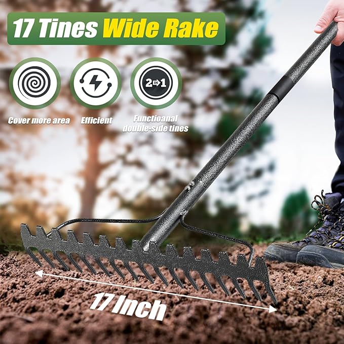 Garden Rake, 6FT Bow Rake Heavy Duty Leveling Rake with Adjustable Handle, 17 Tines Wide Head Metal Thatch Rake for Gardening Leaves Lawn Yard Mulch Rake