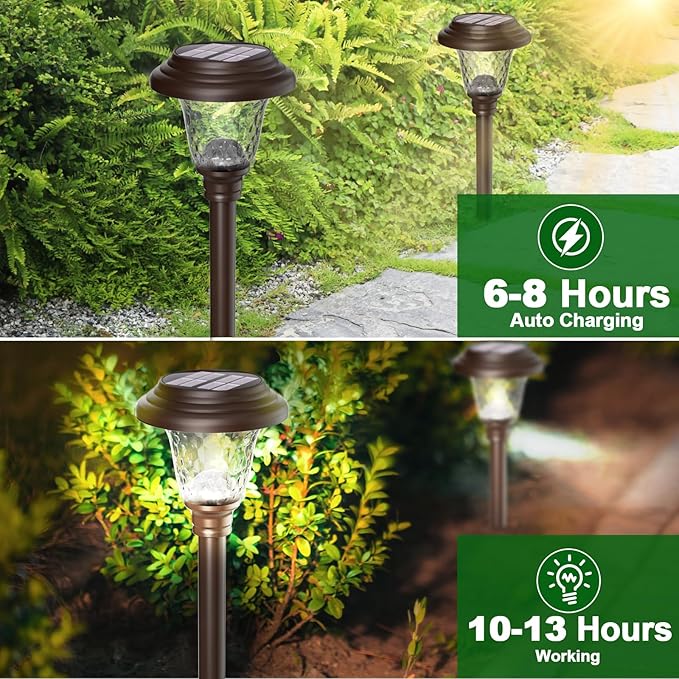 Beau Jardin 8 Pack Solar Pathway Lights Outdoor Metal Solar Powered Lights Waterproof Glass High Lumen for Garden Landscape Path Yard Walkway Patio Driveway Outside Colored Color Changing White Bronze