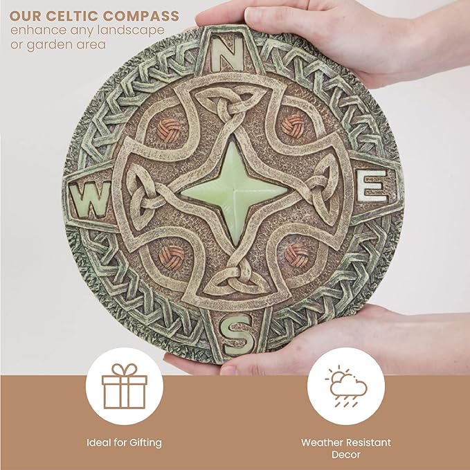 Bits and Pieces - 10” (25.5 cm) Glow-in-The-Dark Celtic Compass Decorative Stone - Yard Decoration – Beautiful Lawn/Garden Stone