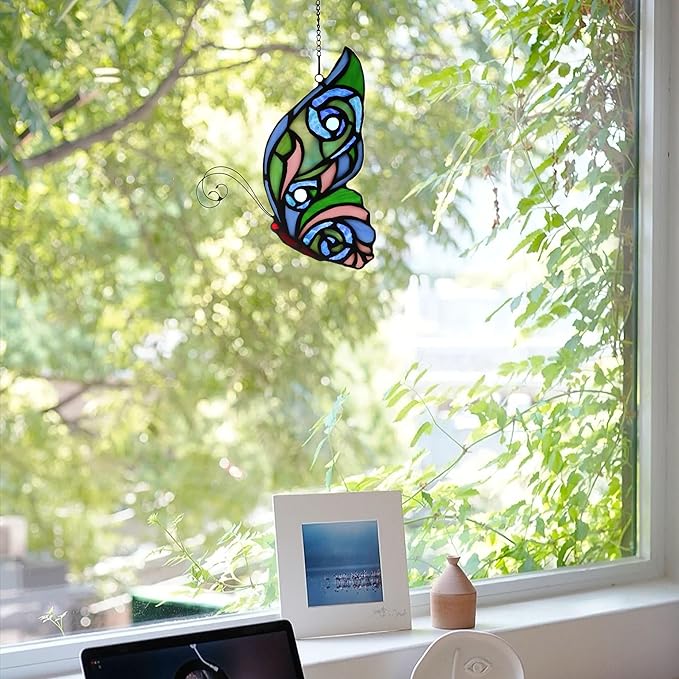 Stained Glass Window Hangings Butterfly Tiffany Style Butterfly Suncatcher for Window Hanging Suncatchers Handcrafted Ornament (Green&Blue)